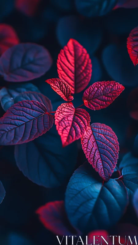 Crimson leaves glow against deep teal nocturnal foliage