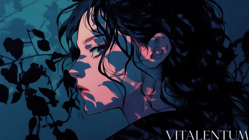 Side profile portrait in deep teal foliage shadows study.