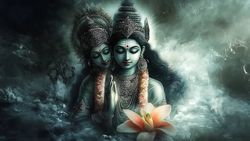 Sacred lovers in misty waters cradle a quiet blooming lotus.