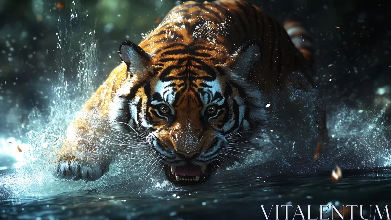 Tiger’s midnight splash frozen in wild, electric motion.