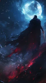 Dark warrior stands beneath glowing full moon on cliff edge