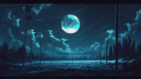 Moonlit abandoned volleyball court rendered in cyan nocturne