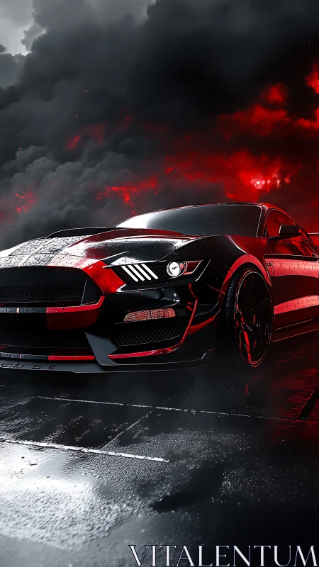 Muscle car under storm clouds with red neon glow on asphalt.