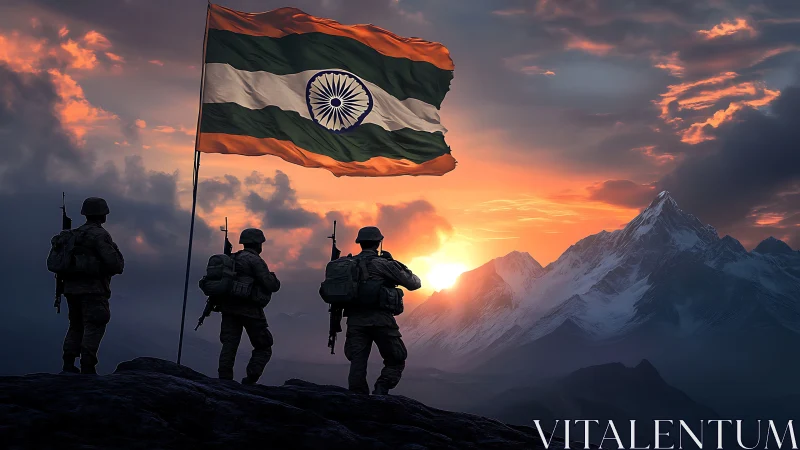 Indian soldiers guard mountain flag at dramatic sunset.