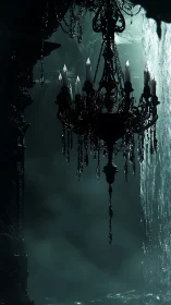 Gothic crystal chandelier in dim misted cavern scene.
