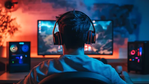 Neon-lit gamer drifts through digital worlds in quiet focus