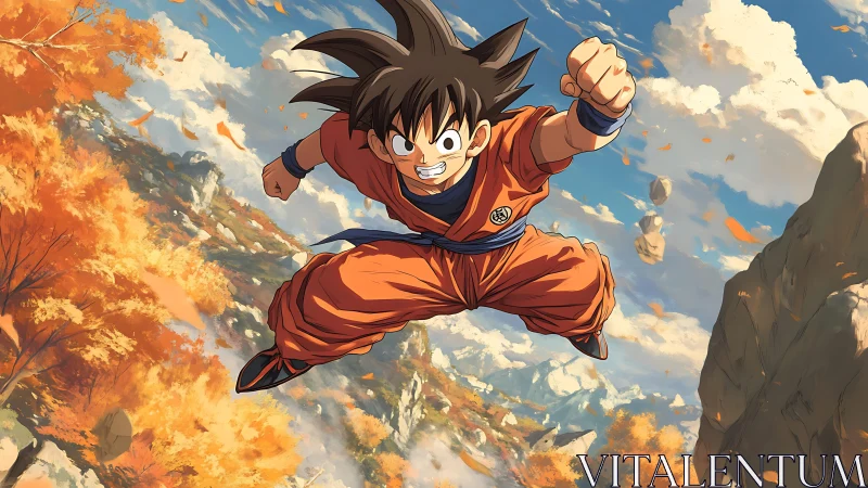 Aerial martial charge across autumn canyon under dynamic sky.