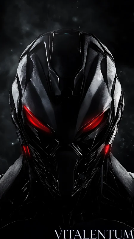 Midnight cyber sentinel with burning red machine eyes.