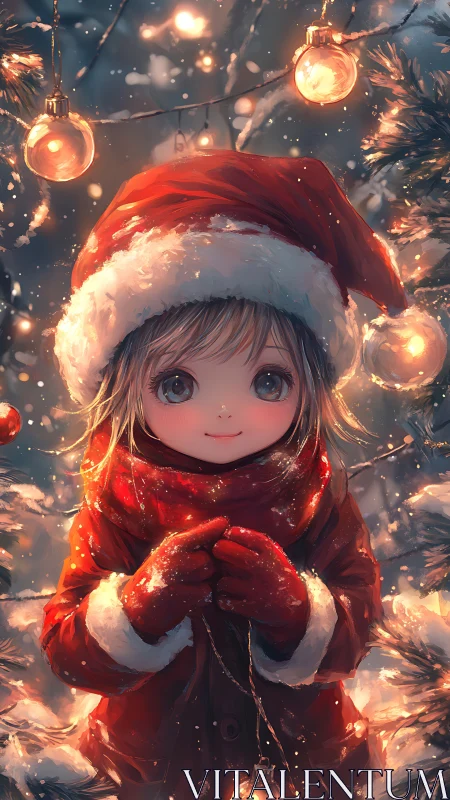 Cozy winter child in red Santa coat under twinkling lights.