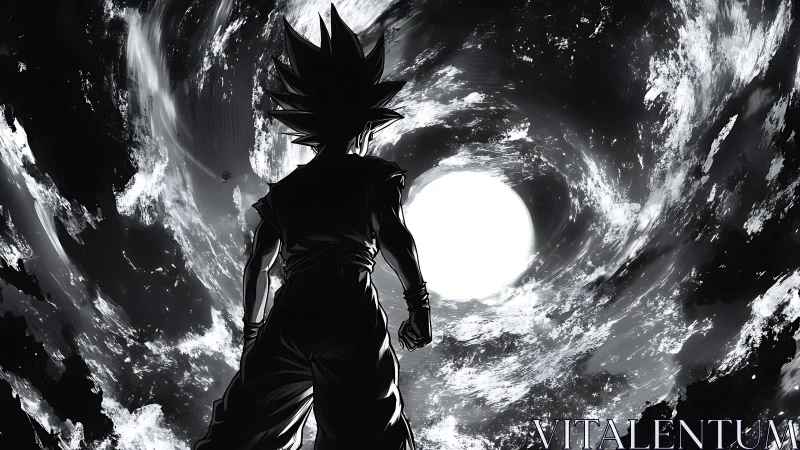 Lone anime warrior confronts a swirling cosmic light storm