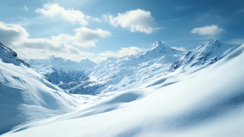 Soft winter peaks under bright and dreamy mountain skies.