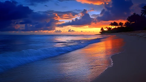 Chromatic shoreline gradient under dynamically lit sunset sky.