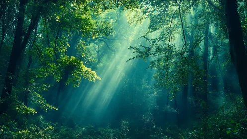 Sunlit Forest Rays Through Ancient Trees.