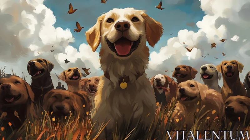 Group of retriever dogs in open field under cloudy sky.