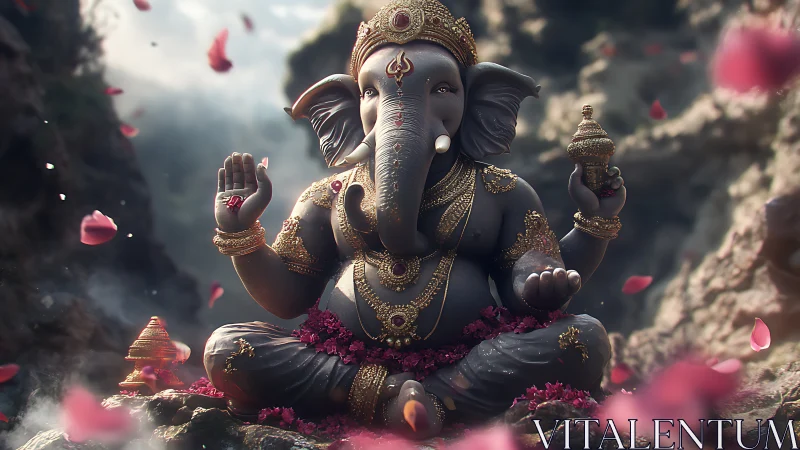 Ganesh idol in ornate 3D render with drifting rose petals.