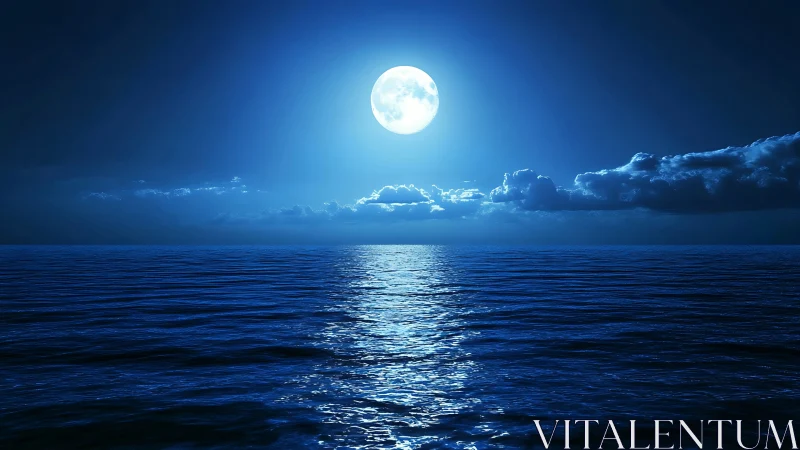 Full moon over calm ocean under deep blue night sky.