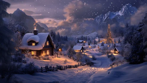 Snowy mountain village with lit cabins on winter night.