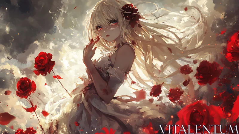 Blonde figure stands amid red roses and diffuse light