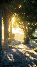 Sunlit ivy colonnade with atmospheric perspective rendering.