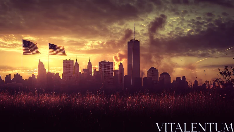 Photorealistic city skyline at sunset with flag silhouettes.