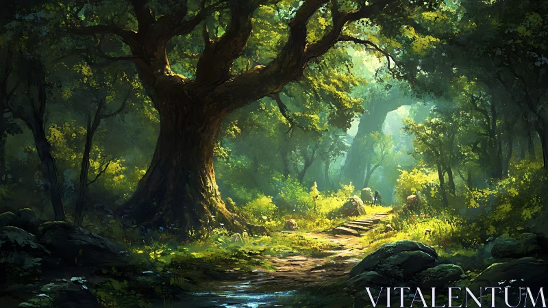Ancient Forest Path Bathed in Ethereal Golden Light.