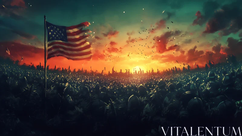 United States flag over stylized battlefield at sunset