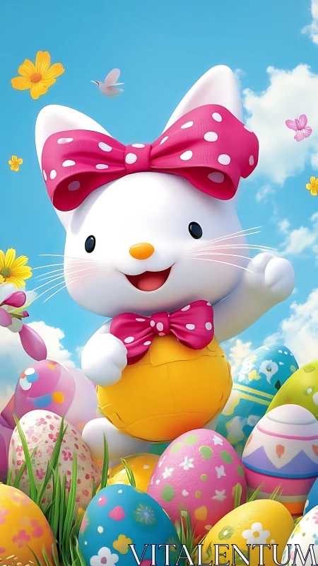 Cartoon cat character stands among decorated Easter eggs