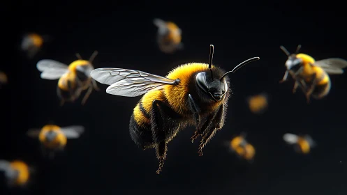 Gentle bumblebee squad gliding through midnight air.