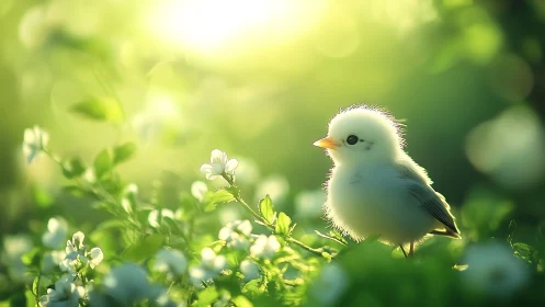 Fluffy white chick stands among green leaves and flowers
