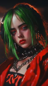 Neon-haired cyberpunk portrait with glossy skin and chained collar