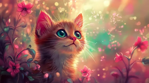 Luminous Feline Portrait With Turquoise Eyes Amid Chromatic Floral Bokeh