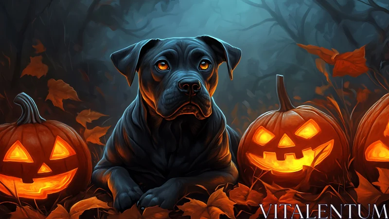 Black dog illuminated by jack-o’-lanterns in foggy forest scene