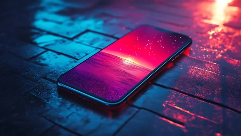 Neon night reflections with a dreamy ocean phone screen.