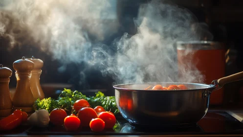 Stainless saucepan steams over tomatoes and herbs in warm light.
