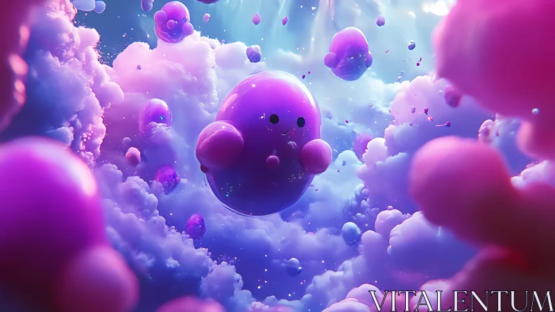 Bubble sky parade of smiling purple dream critters.