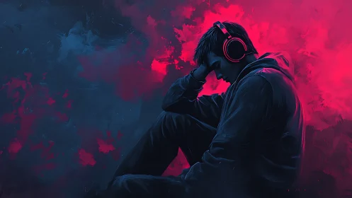 Brooding hoodie listener sits against neon pink smoke haze