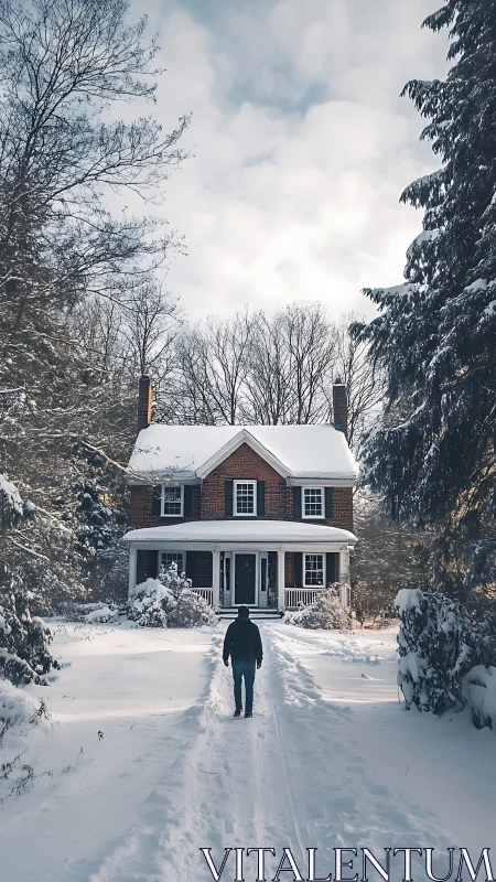 Snow-laden forest residence with solitary human approach path.