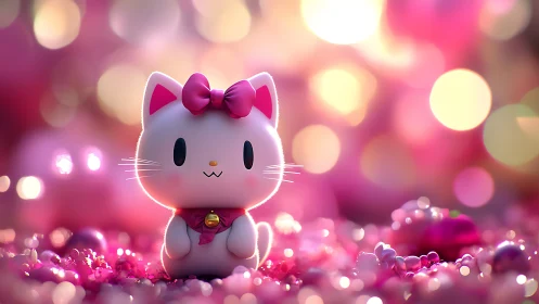 Pink toy cat figurine glows amid dreamy bokeh lights