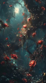 Moonlit abyssal roses breathe in a drowned forest hush.