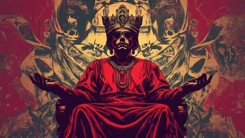 Bold modern monarch sits in radiant red royal confidence