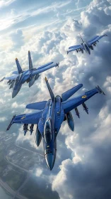 Blue fighter jet trio cuts through sunlit high-altitude clouds