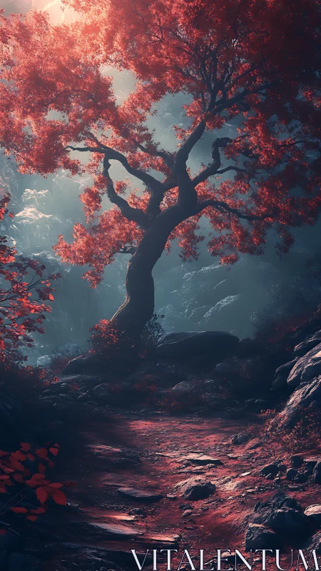 Crimson forest trail curves beneath luminous autumn canopy.