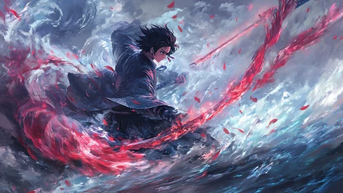Swordsman unleashing red energy arc amid storm waves.