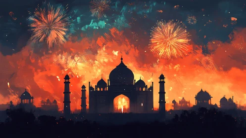 Taj Mahal silhouette under bright fireworks display.
