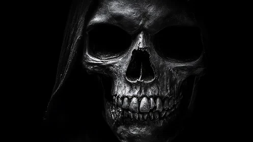Grim reaper skull emerges from darkness in stark detail.