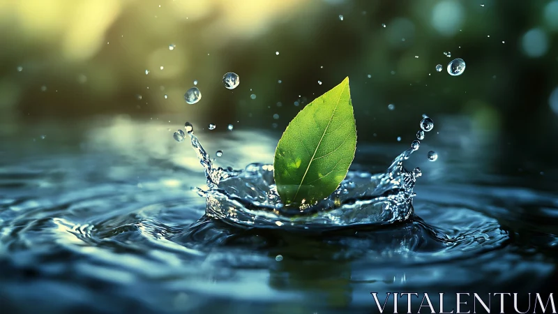 Green leaf in sharp focus within clear water splash.