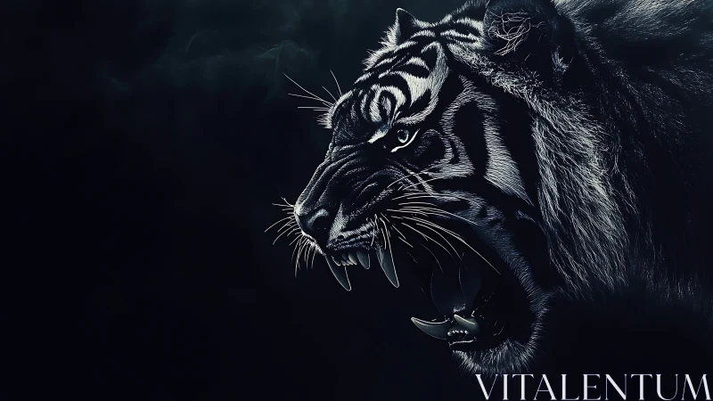 Profile study of roaring tiger in dark negative space.