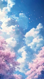 Vertical digital view shows clouds framed by pink trees