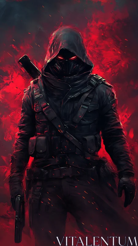 Hooded armed figure in dark armor amid red abstract flames.