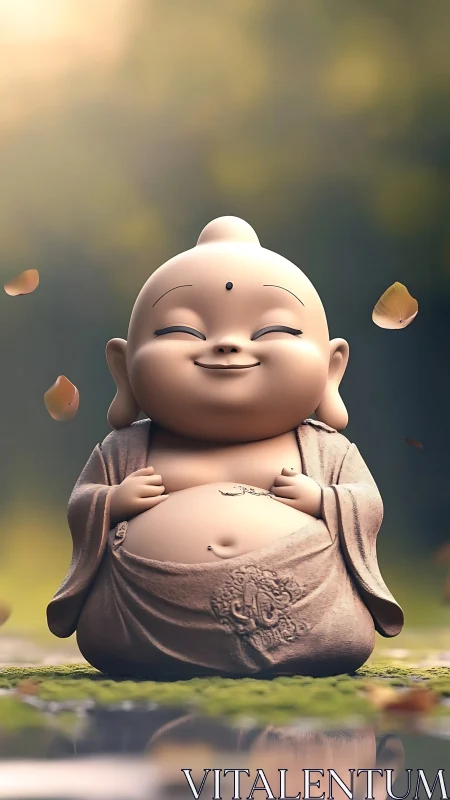 Gentle baby monk statue smiling in a sunlit garden.